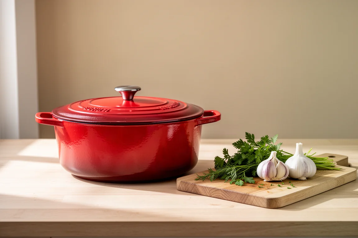 Horno holandés de hierro fundido esmaltado rojo sobre una encimera de cocina con ingredientes cerca