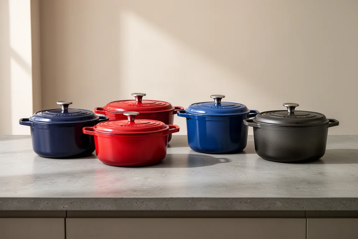 Five enameled cast iron Dutch ovens in different colors lined up on a kitchen counter