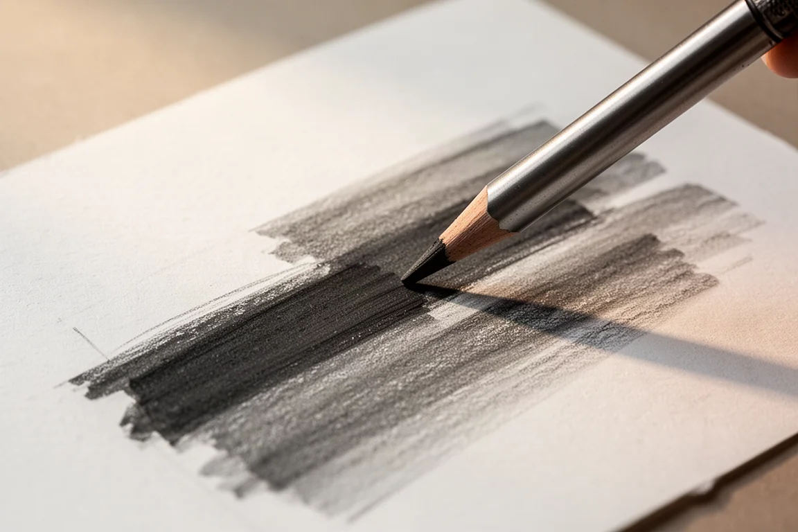 Hand hält einen dicken Graphitstift schräg über Skizzenpapier mit breiten Ton-Schraffuren