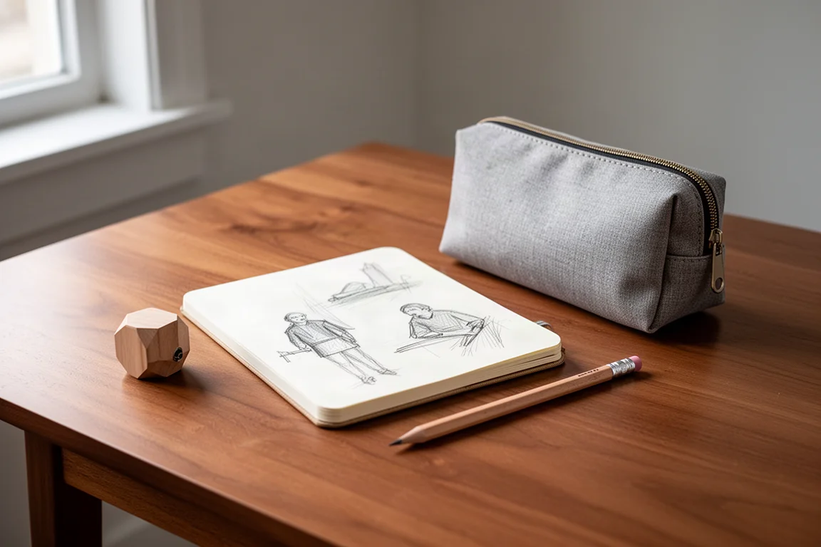 Künstler skizziert draußen in einem kleinen Notizbuch mit einem kompakten Stift auf einem Holztisch