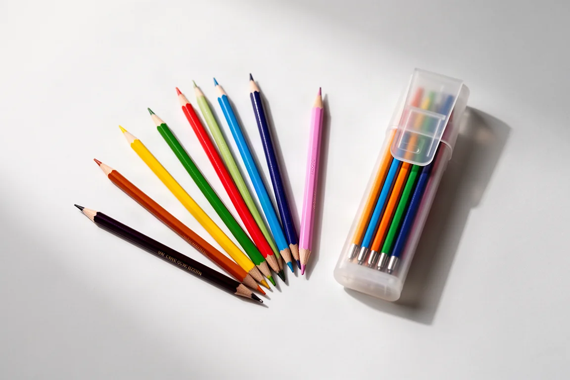Bunte Minen fächerförmig auf einer weißen Fläche neben einem mehrfarbigen Bleistift-Halter