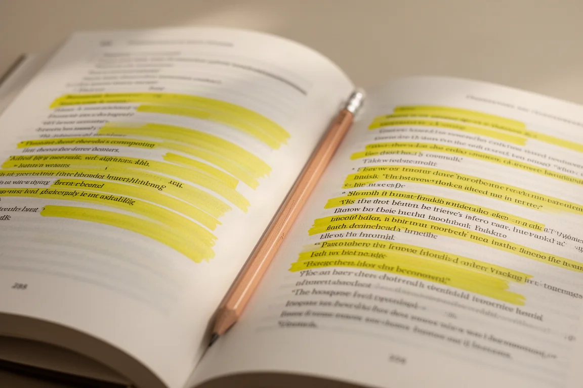 Geöffnete Buchseite mit leuchtend gelben Markierstrichen, die auf dem Papier scharf bleiben