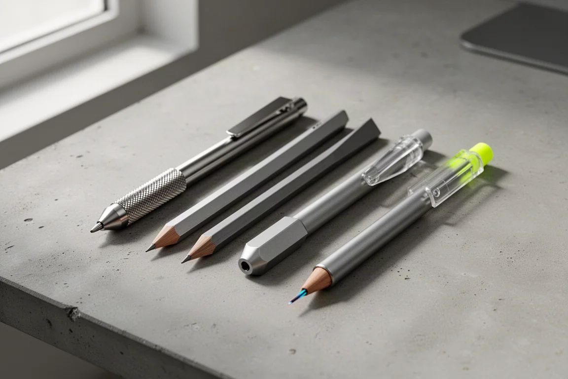 Fünf schlanke Bleistift-Halter in diagonaler Reihe auf einer Betonoberfläche angeordnet