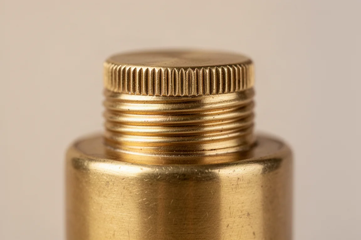 Primo piano della texture zigrinata del tappo in ottone di un compatto portamine metallico