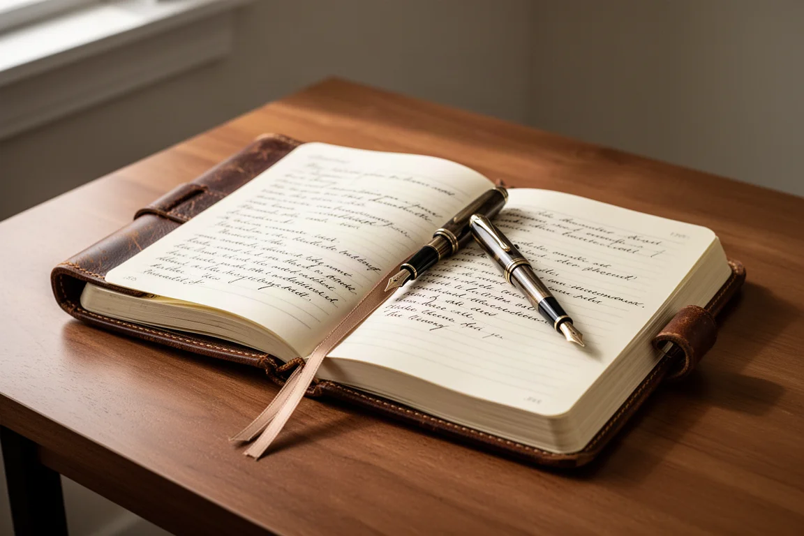 Un stylo-plume posé sur la page ouverte d'un journal en cuir bien usé