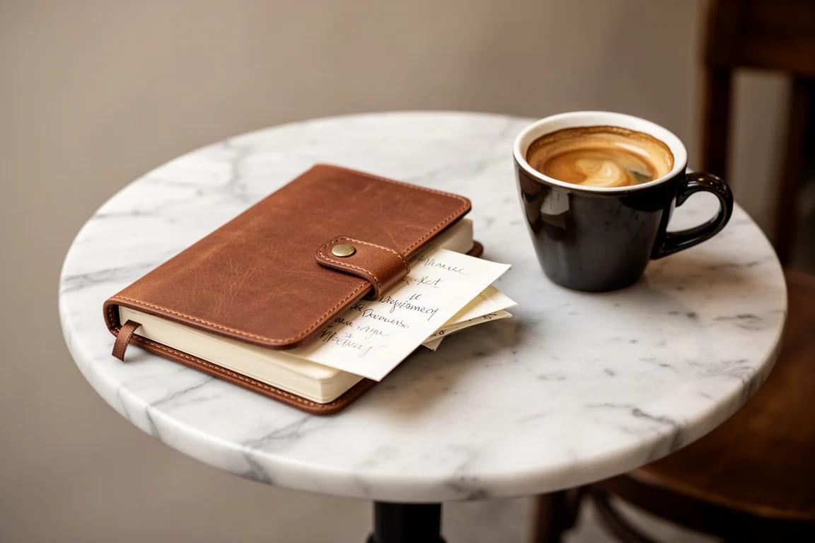 Un journal de voyage compact fermé par son rabat en cuir, posé sur une table de café
