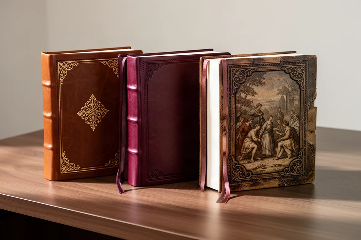 Three leather hardcover journals with gold detailing arranged on a wooden desk