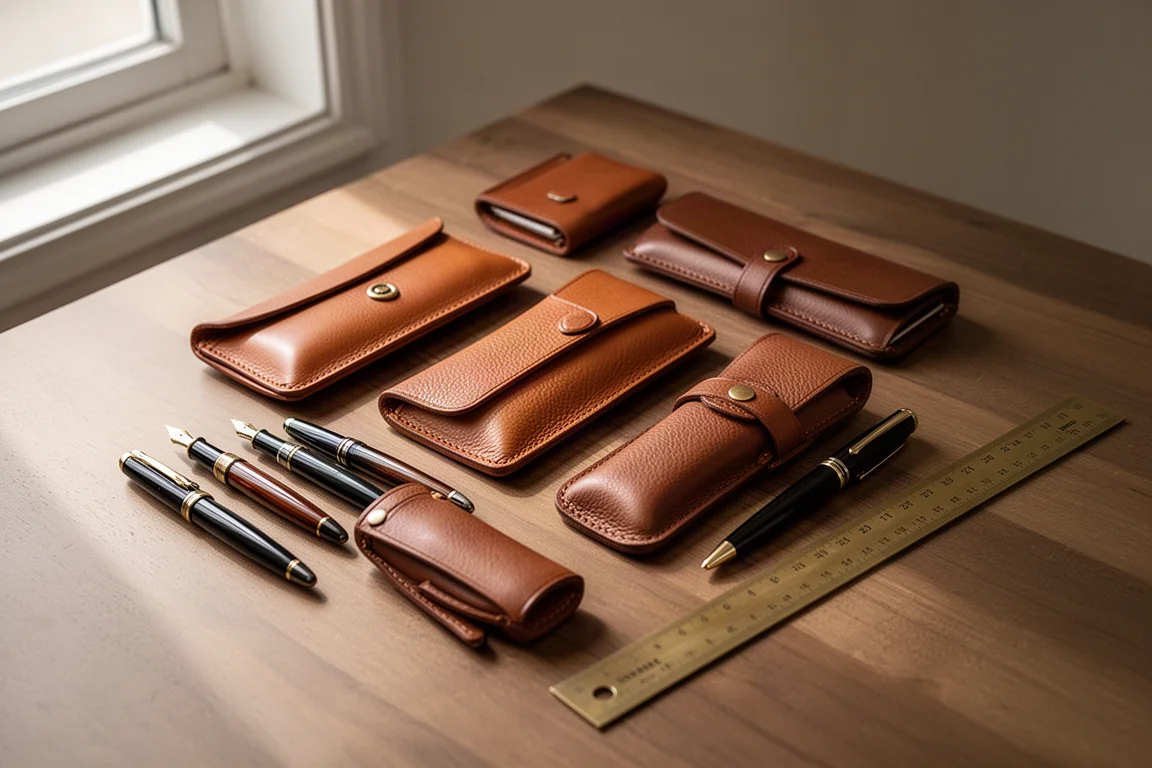 Flat-lay of leather pen cases and fountain pens arranged on a wooden desk