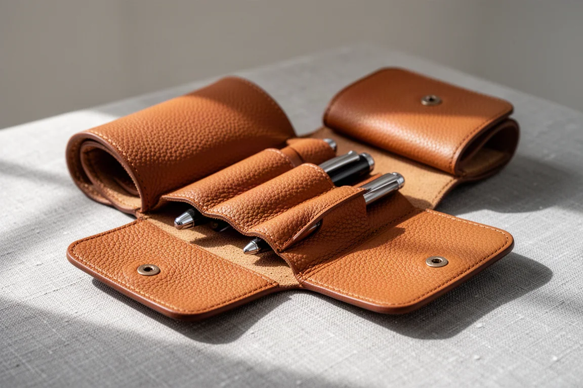 Hands-free detail shot of a roll-up leather pen case partially unrolled