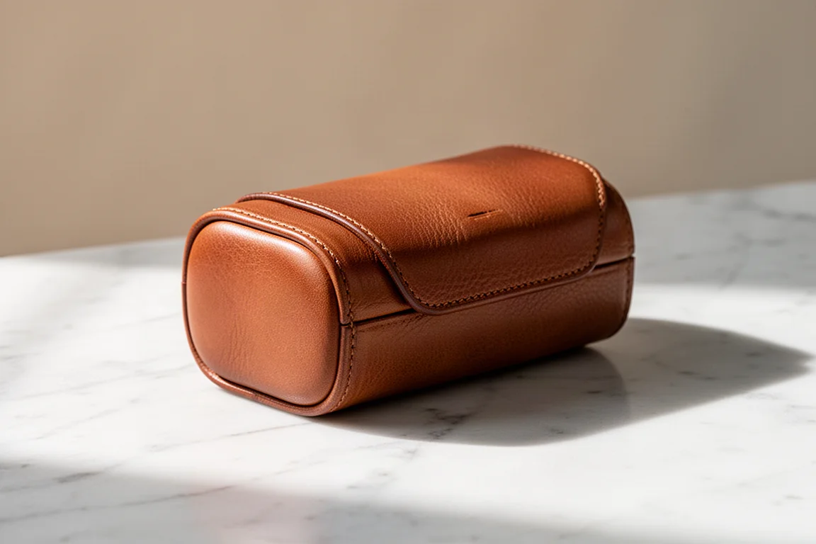 Structured box-shaped leather pen case sitting on a marble surface