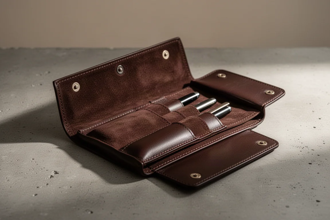 Soft flexible leather pen case open to show interior pockets on a concrete surface