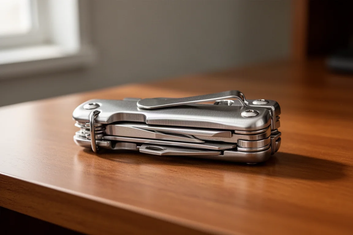 Multitool sobre un escritorio de madera con un clip de bolsillo de acero montado en su mango