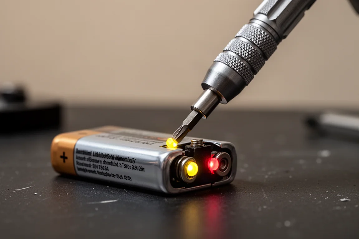 Portapuntas de una multitool tocando una batería de litio con pequeños LEDs indicadores encendidos
