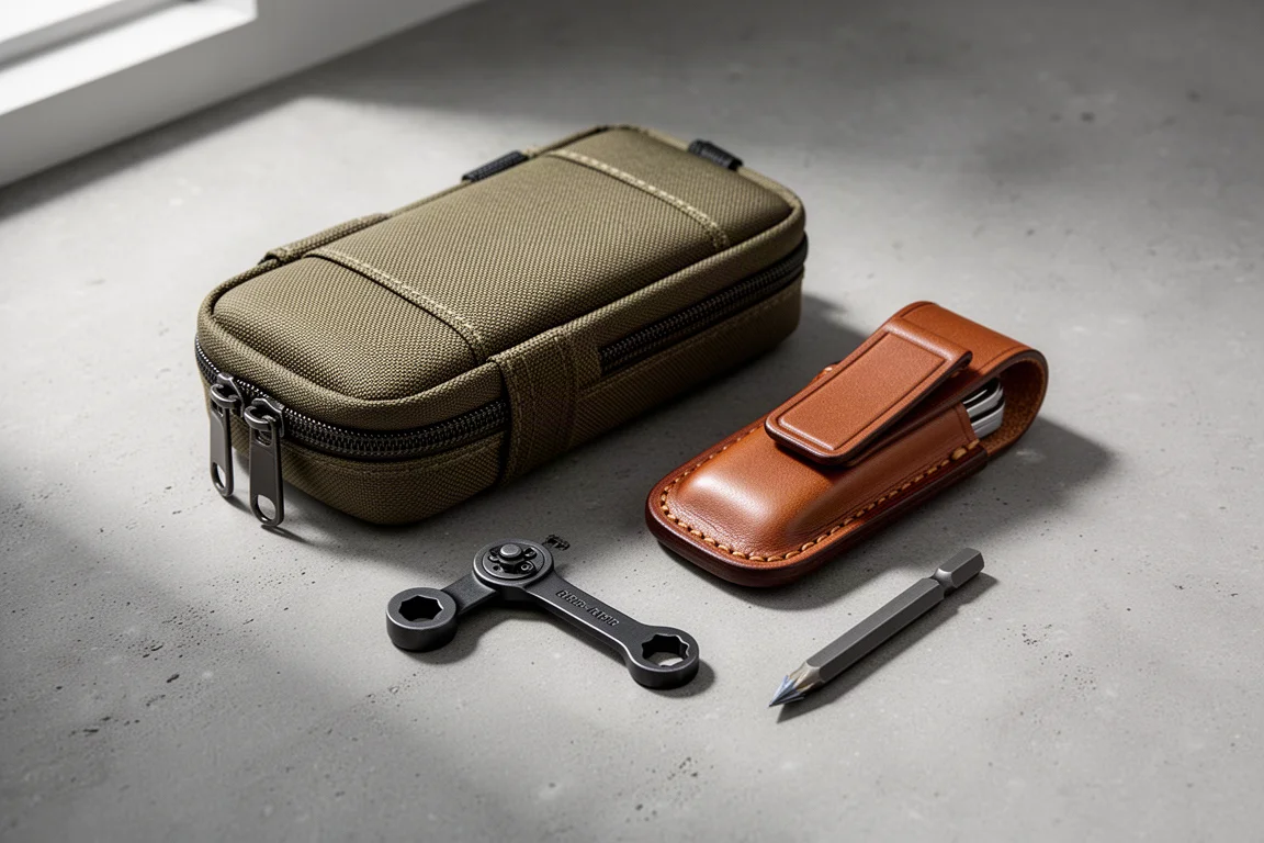 Flach arrangierte Multitool-Accessoires mit Werkzeugtasche, Lederscheide, Ratschenknarren und Bit