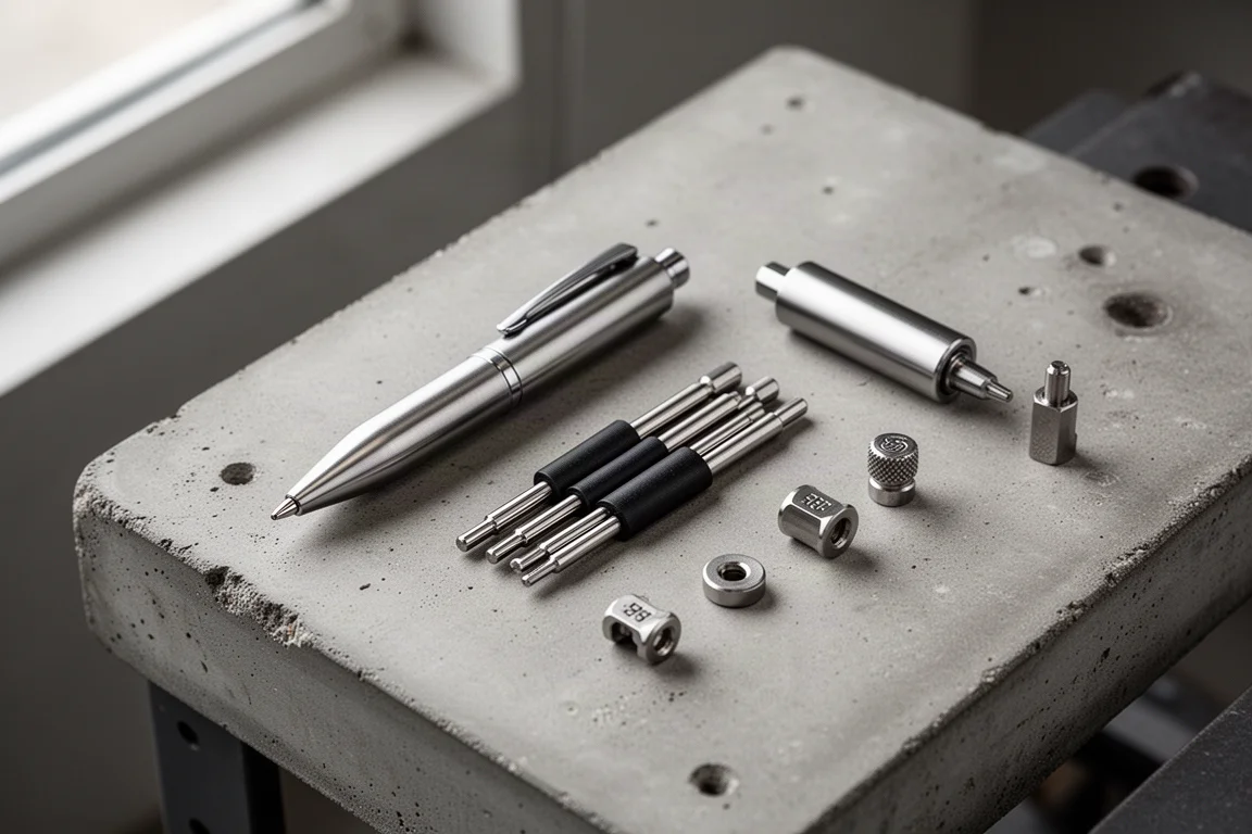 Aftermarket-multitoolaccessoires uitgestald op een betonnen werkbank