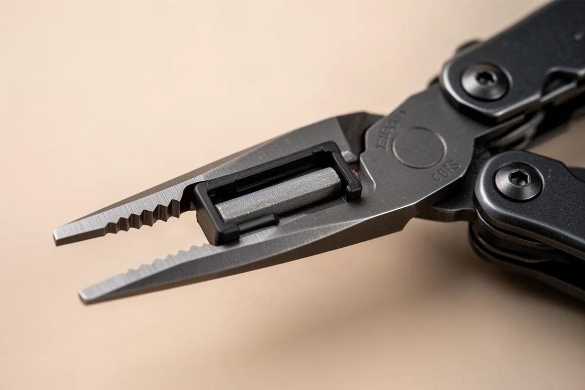 Kleine magnetische ferro rod-insert gevallen in de ruimte onder de schaar van de multitool
