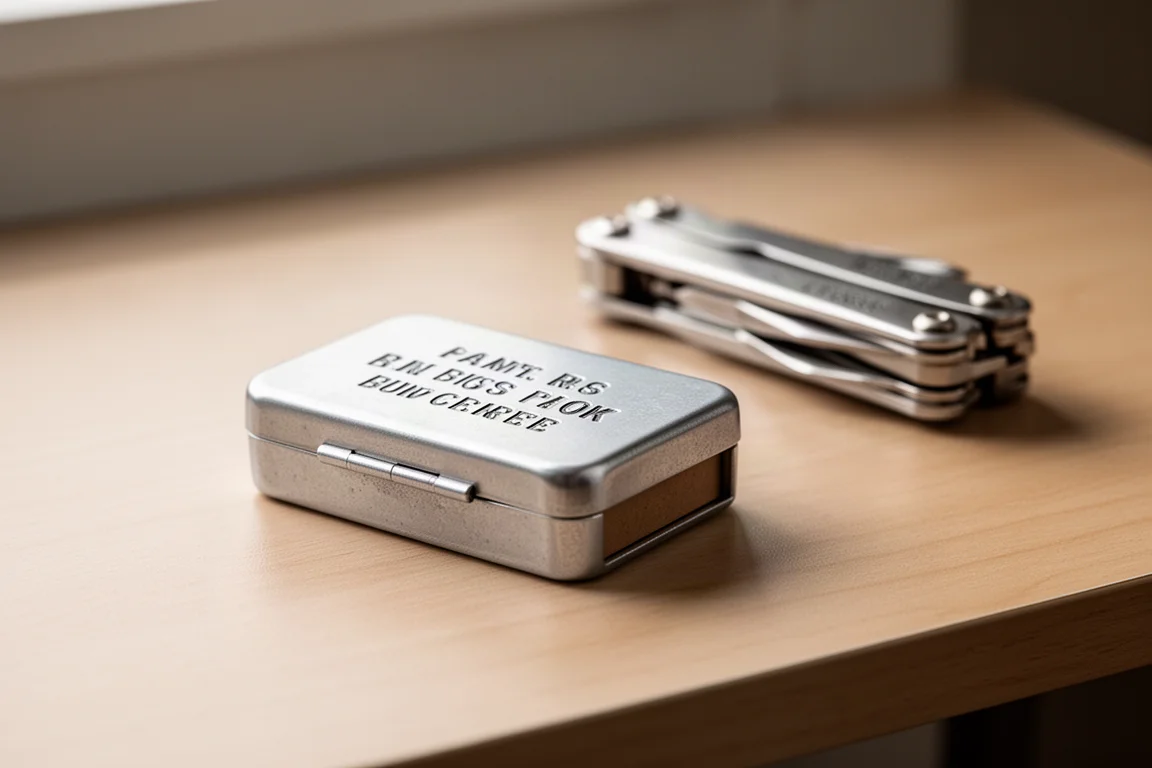 Compacte gestanste metalen bitdrager gesloten op een houten bureau