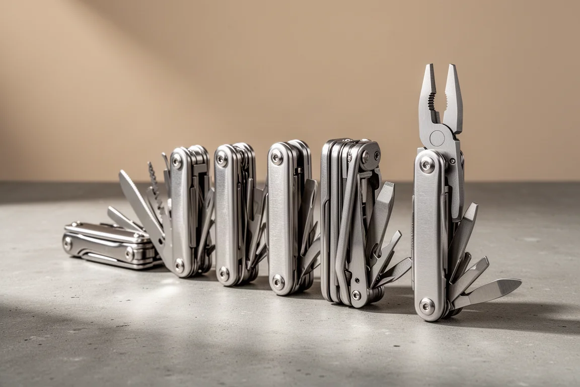 Una fila di multitool in acciaio inossidabile piegati disposti su una superficie di cemento