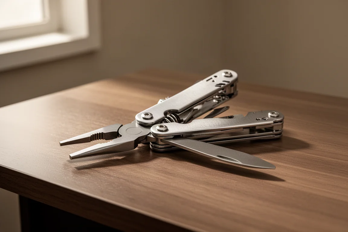 Una multi-tool pieghevole aperta con una sola mano su una scrivania di legno