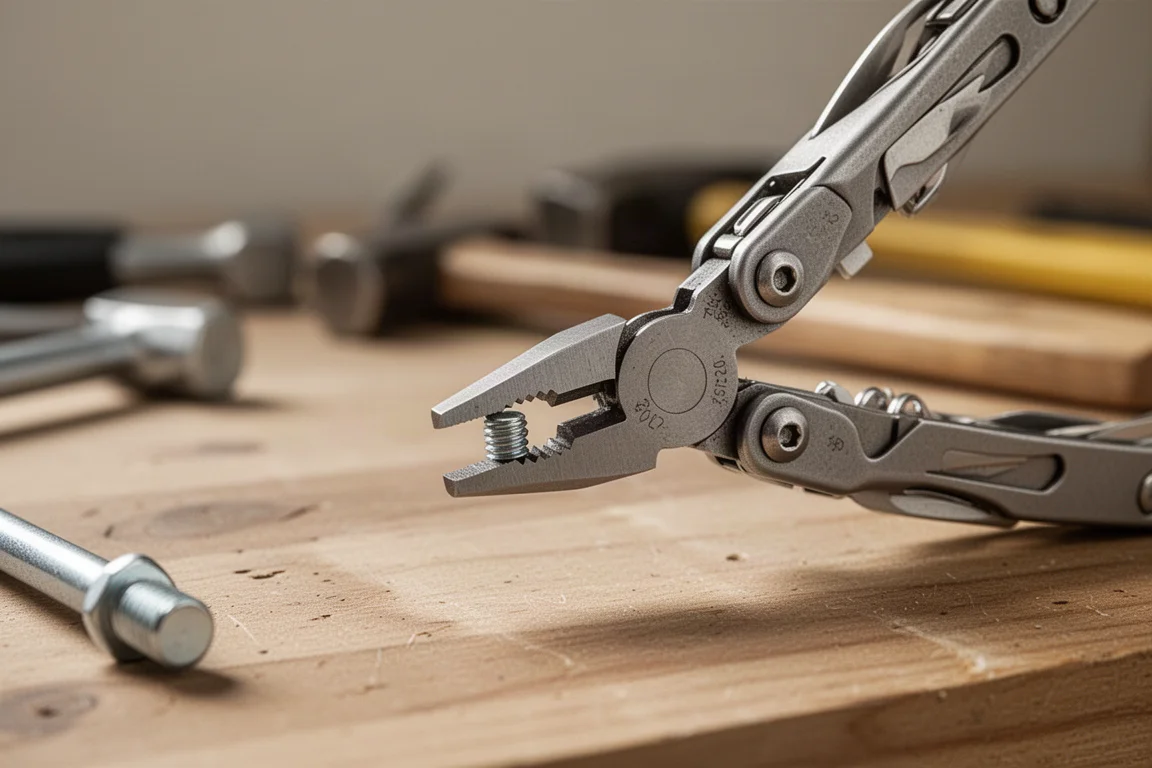 Pinze di una multi-tool che afferrano un piccolo bullone durante una riparazione in officina