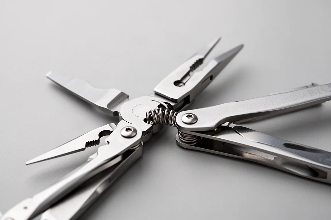 Maniglie a molla delle pinze di una multi-tool su una superficie neutra