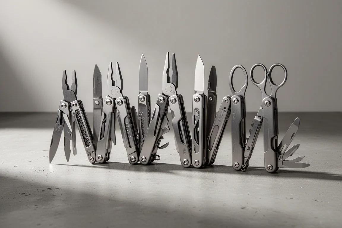A row of stainless steel multi-tools open and closed on a concrete surface