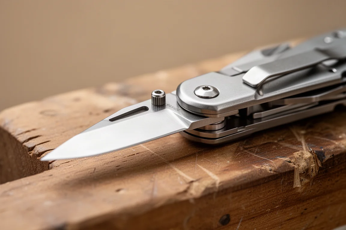 Stainless steel multi-tool blade partially opened on a wooden workbench