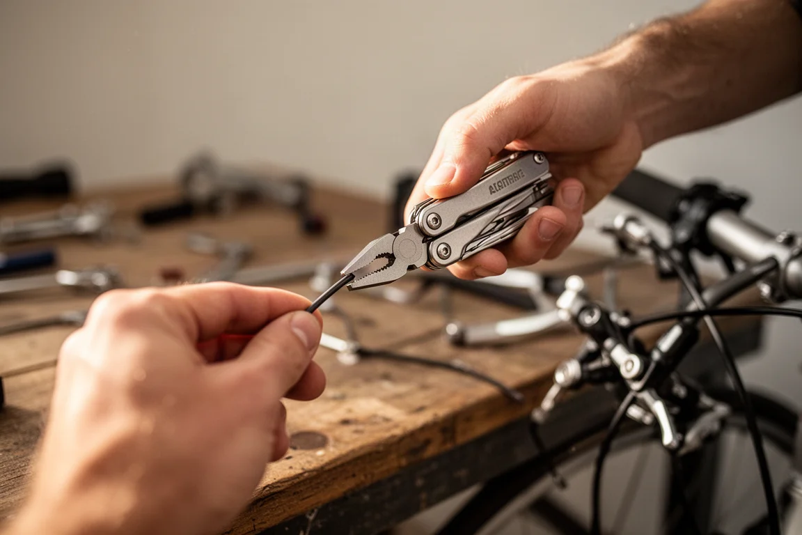 Hands using small pliers on a multi-tool while repairing a bicycle cable