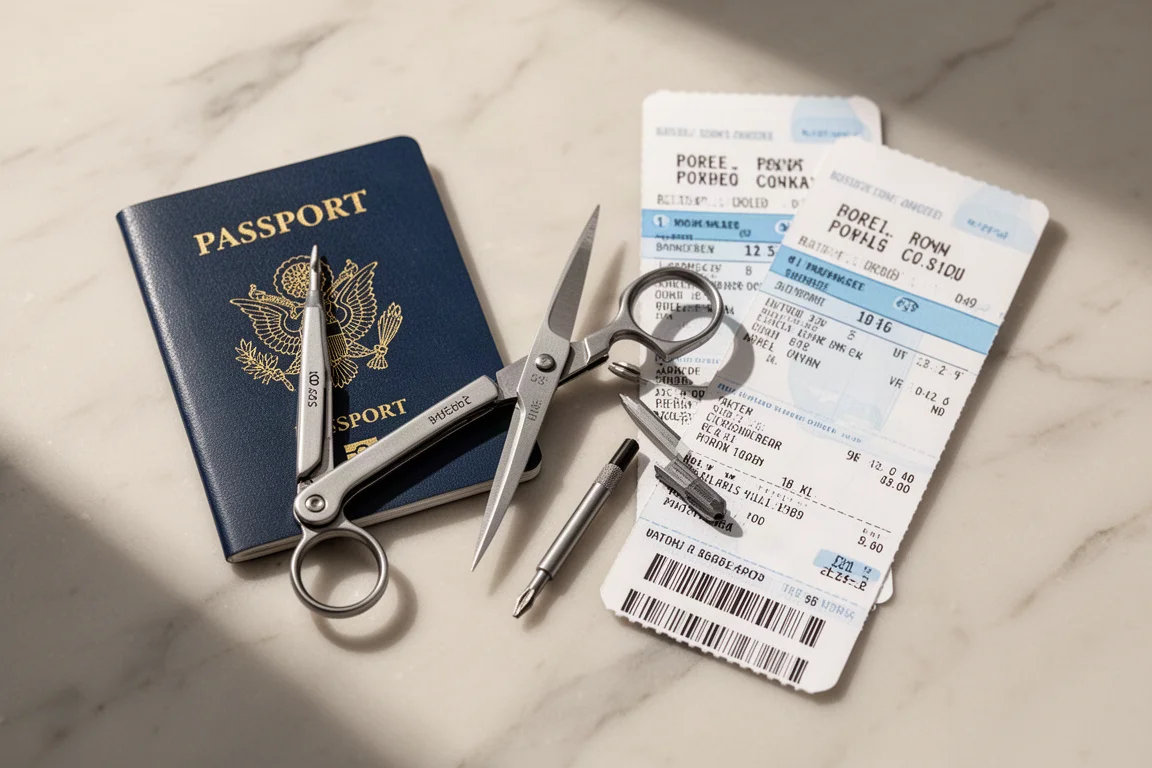 Small travel scissors and grooming tools laid flat on a marble surface