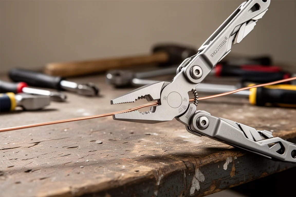 Open multi-tool pliers gripping a wire on a garage workbench
