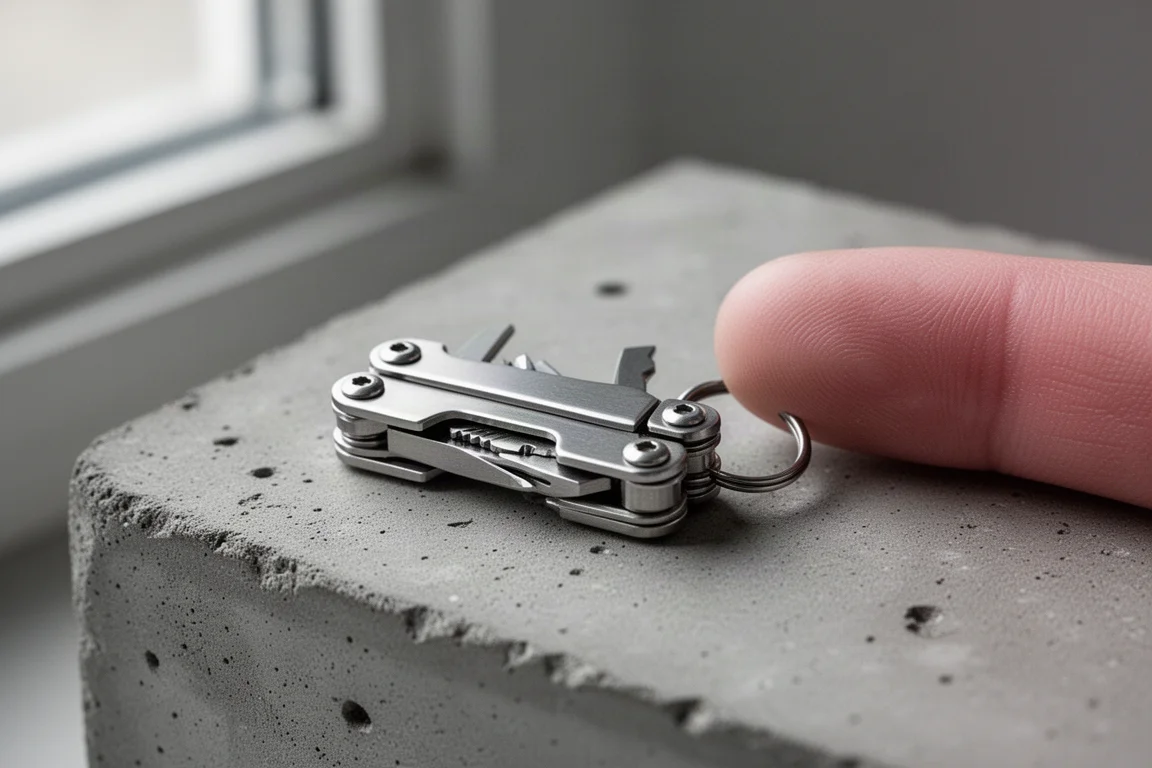 Tiny keychain multi-tool folded closed resting beside a finger for scale