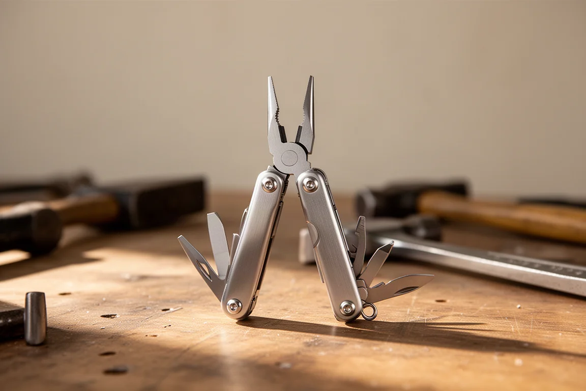 Compact multi-tool with pliers extended on a wooden workbench