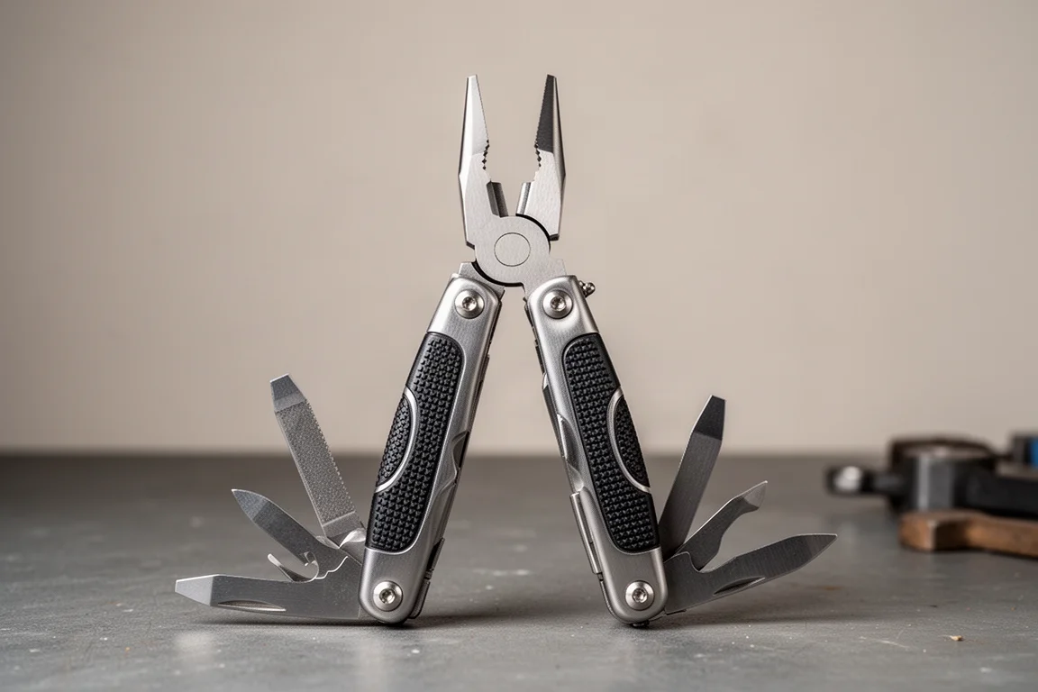 Large full-size multi-tool with pliers open on a workshop surface