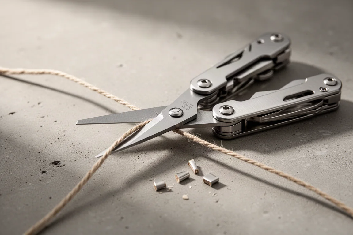 Multi-tool with scissors blade extended during a small repair task