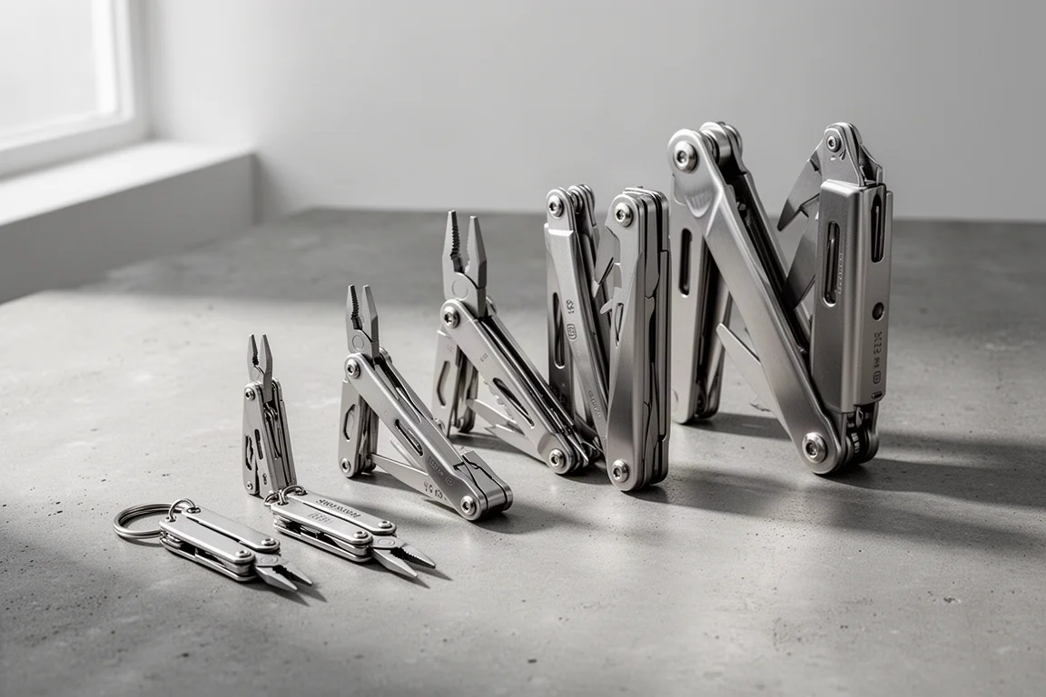 Lineup of Leatherman multi-tools from keychain size to full size on concrete