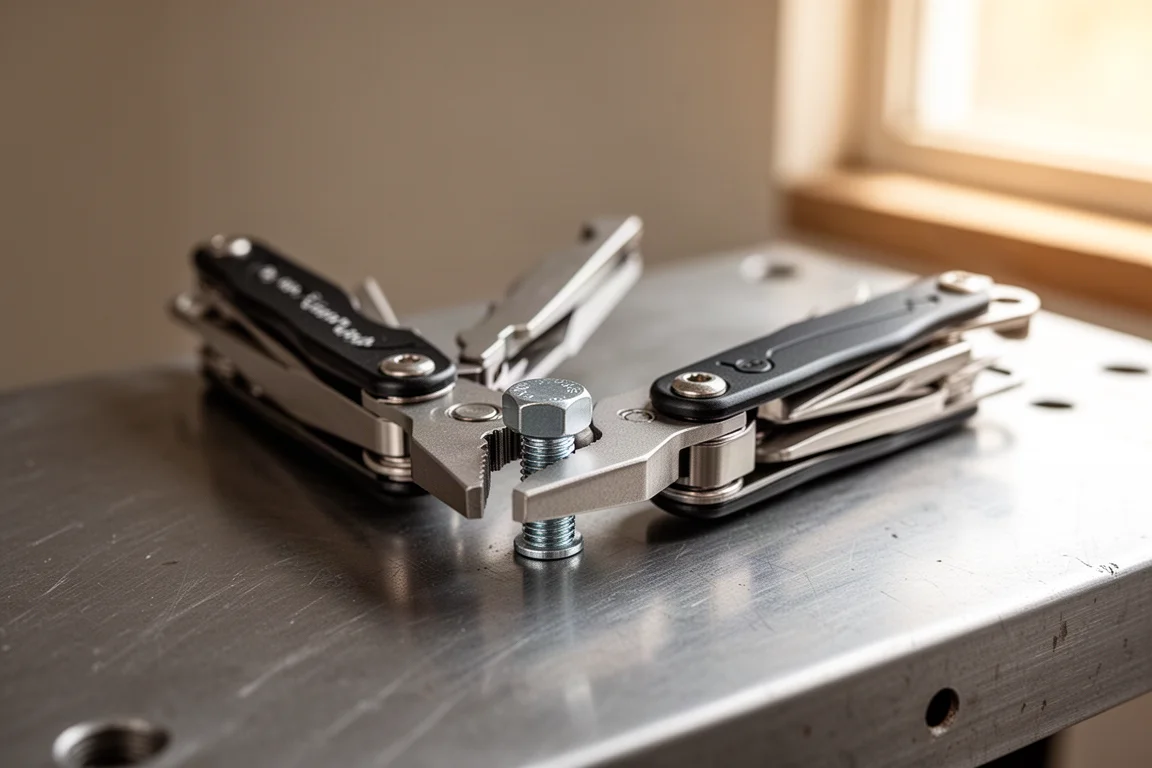 Klemmende bekken van een compacte multitool die een metalen bout vastgrijpt op een werkbank