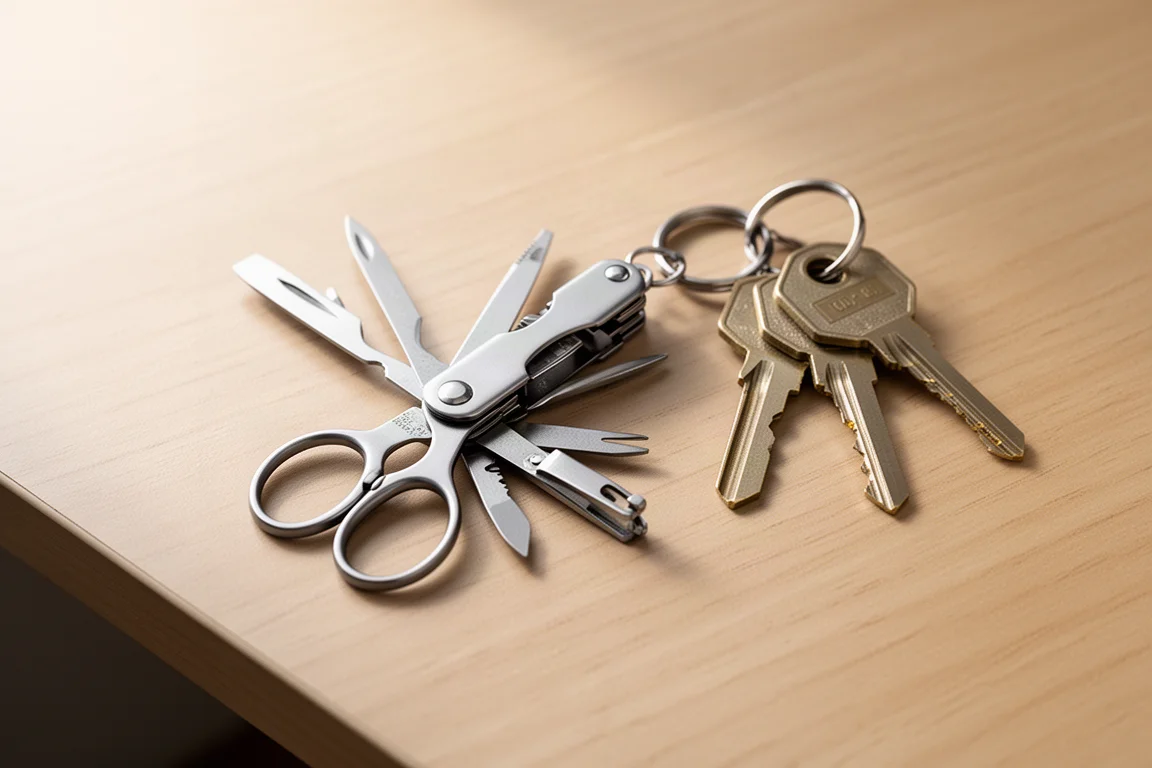 Schaar en uitklapbare gereedschappen van een kleine sleutelhanger-multitool, open liggend op een houten bureau
