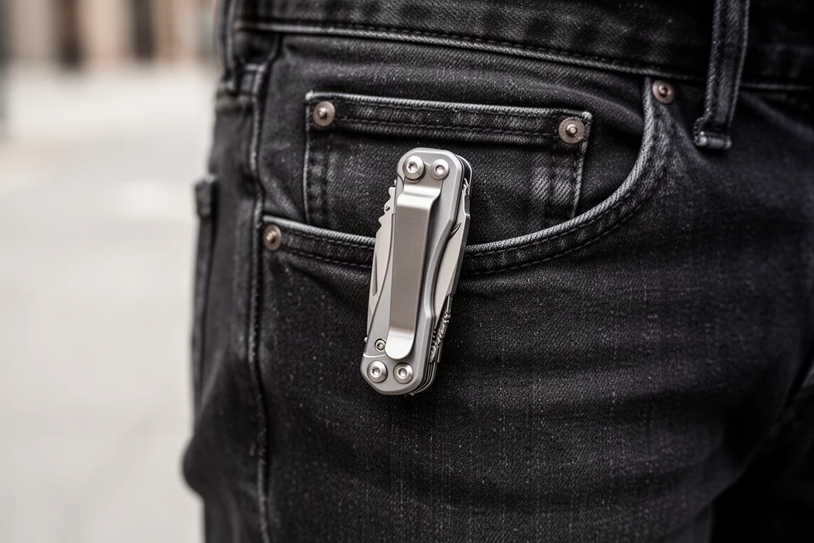Compacte, lichte multitool aan de zak van een spijkerbroek buiten bevestigd