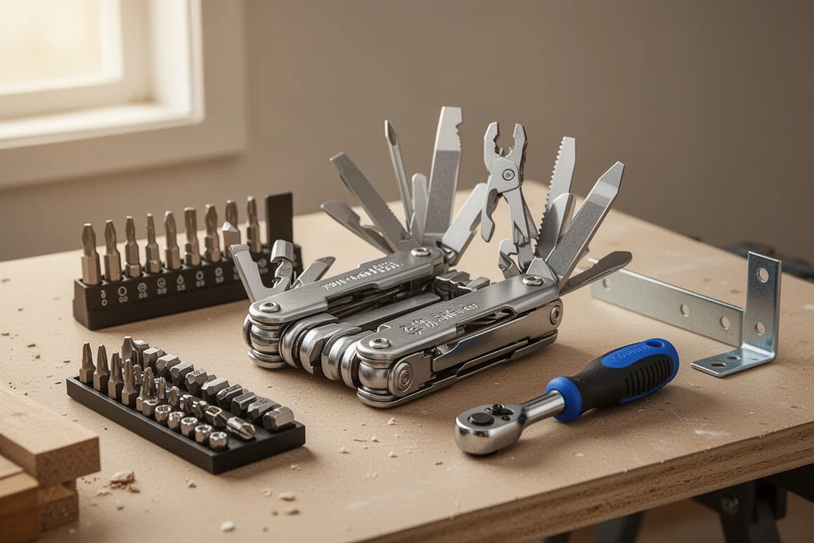 Multitool op volledige grootte open op een werkbank, naast klusgereedschap en een planksteun