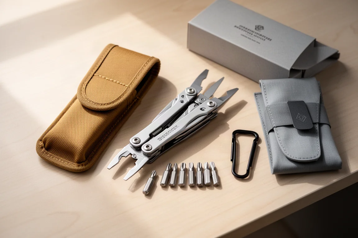 Ny Leatherman multitool packad upp på ett skrivbord med sitt nylonfodral och bitkit uppdukat