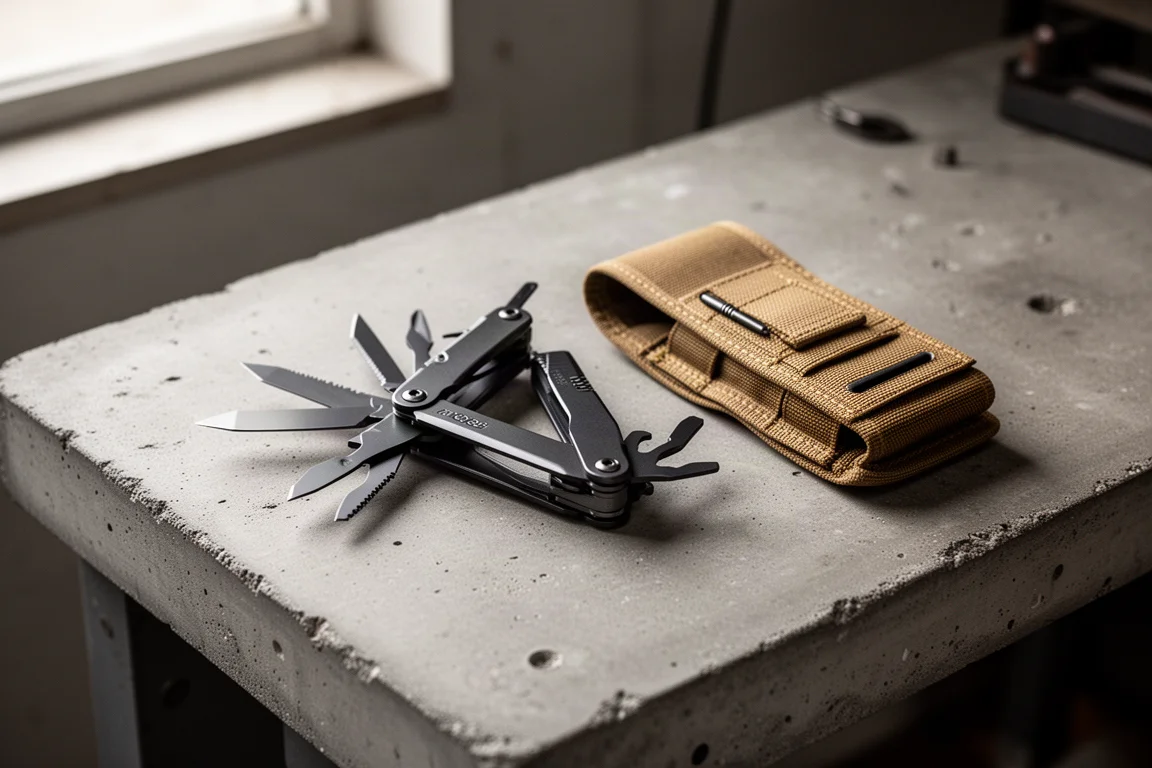 Beige och svart oxiderad multitool ligger bredvid sitt Molle-fodral på en verkstadsbänk