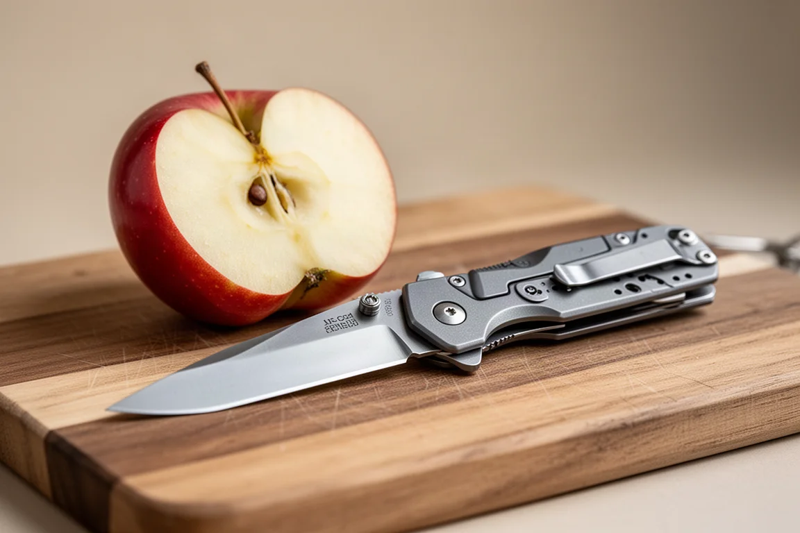 Multitool med ovanligt tjockt knivblad ligger på en skärbräda bredvid skivad frukt
