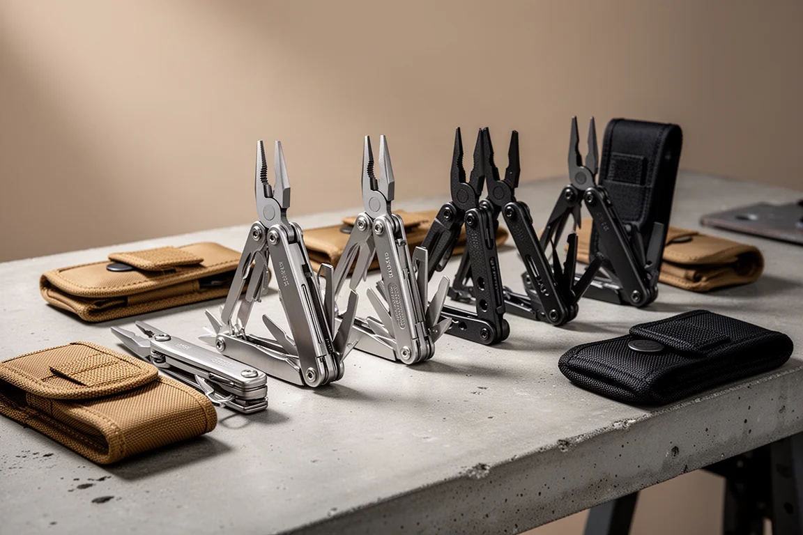 Seven Leatherman-style folding multi-tools lined up on a concrete workbench with sheaths