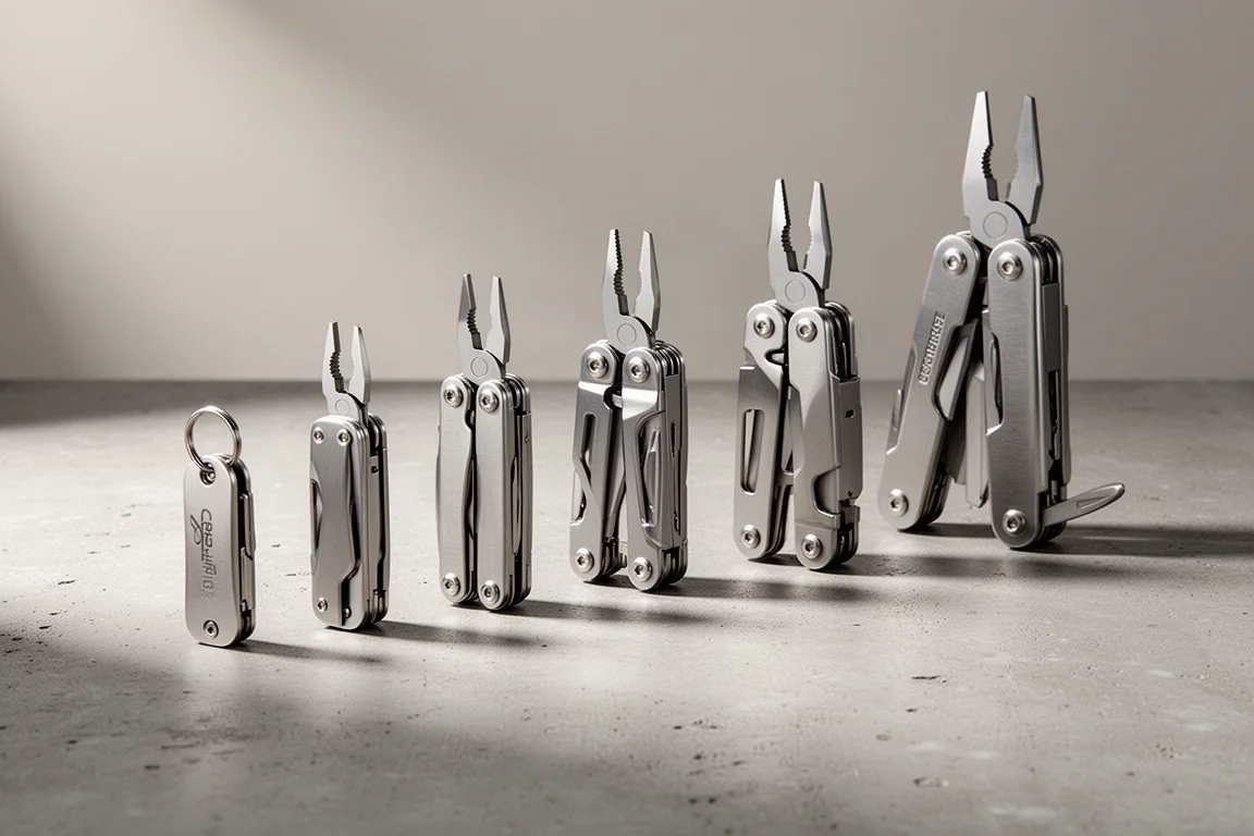 Sette multitool in acciaio inossidabile di dimensioni diverse disposti in fila su cemento