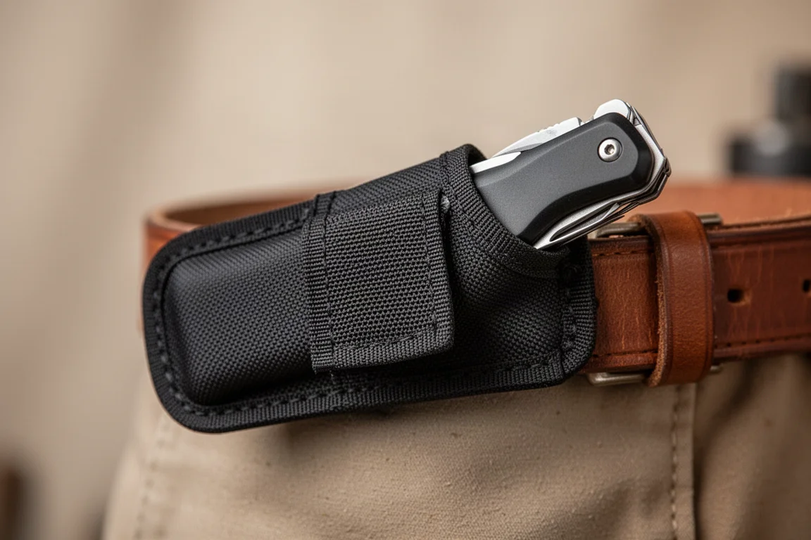 Funda negra de nylon para multiherramienta enganchada horizontalmente a un cinturón