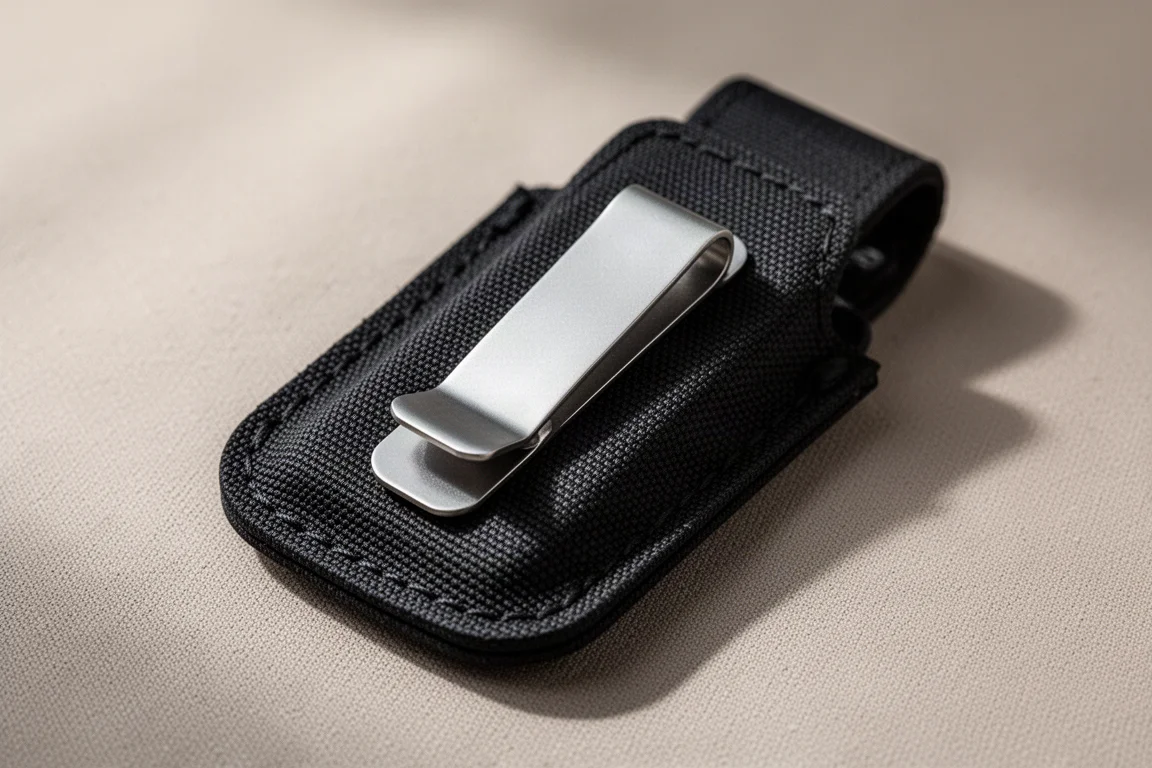 Funda de multiherramienta sujeta por un discreto clip de bolsillo de perfil bajo