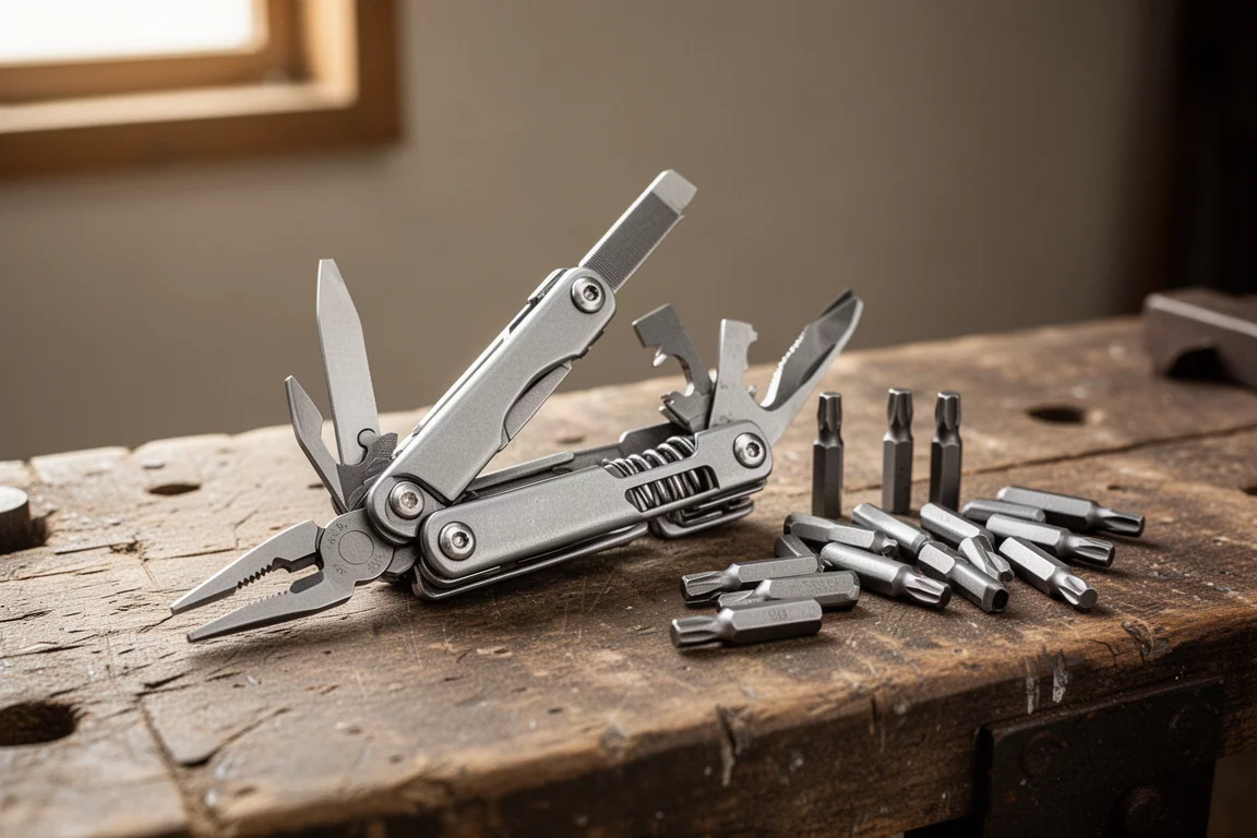 Öppet multiverktyg med tång på en arbetsbänk bredvid lösa bits