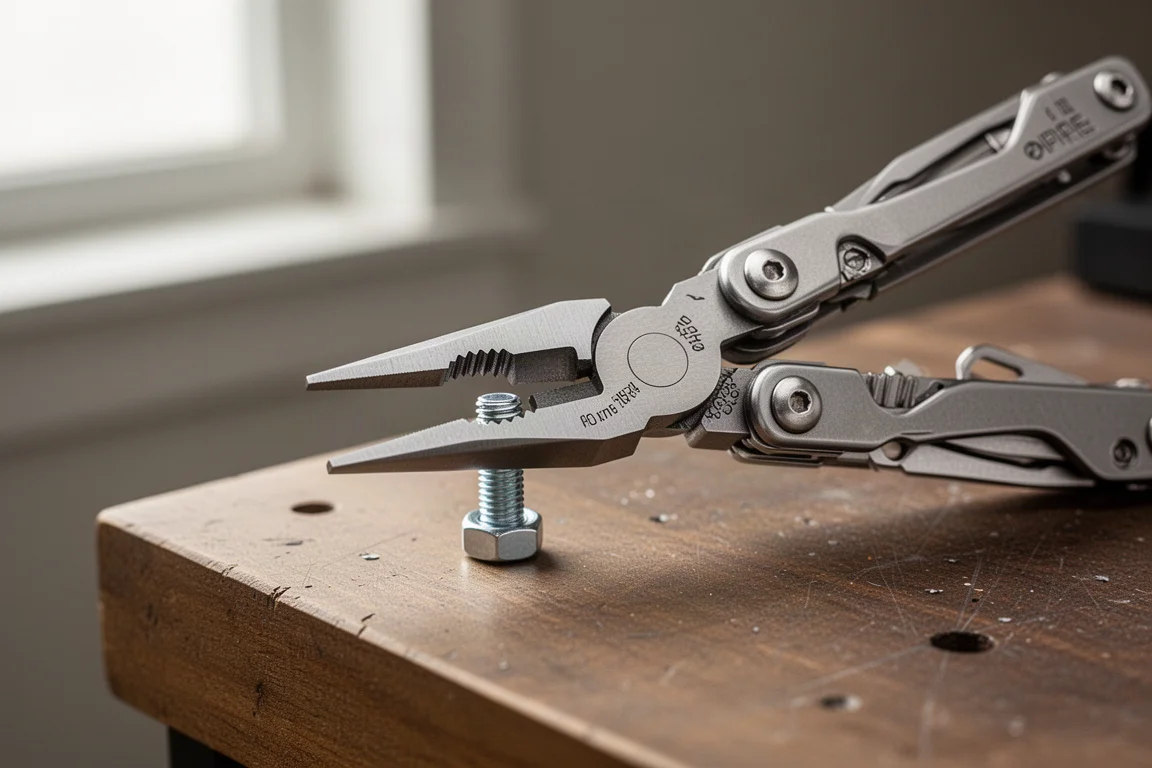 Multi-Tool-Zange greift eine Schraube auf einer Holzwerkbank