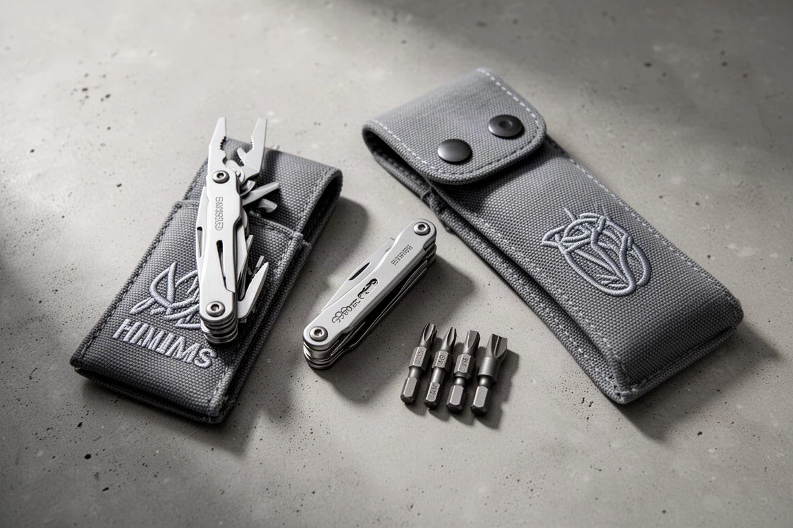 Kompaktes Multi-Tool gefaltet, Werkzeuge fächerartig geöffnet auf einem Schreibtisch