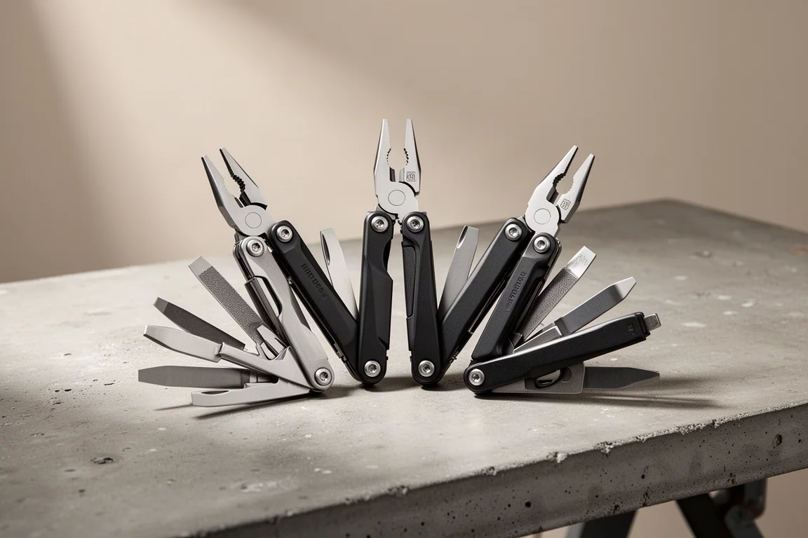 Three Wave-style multi-tools fanned open on a concrete workbench